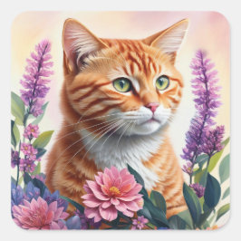 Ginger Cat Floral Multicolor Art Quadratischer Aufkleber