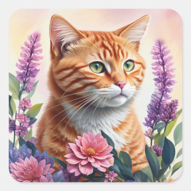 Ginger Cat Floral Multicolor Art Quadratischer Aufkleber (Vorderseite)