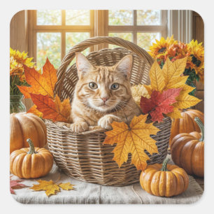 Ginger Cat im Herbstkorb Quadratischer Aufkleber