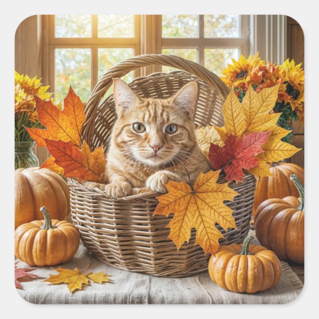 Ginger Cat im Herbstkorb Quadratischer Aufkleber (Vorderseite)