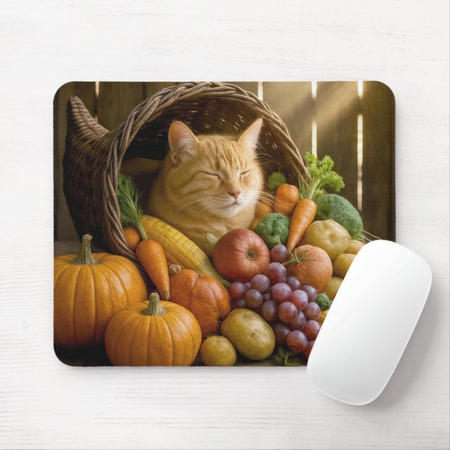 Ginger Cat In a Harvest Cornucopia Mousepad (Mit Mouse)