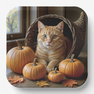 Ginger Cat In einem Erntedank Cornucopia Pappteller