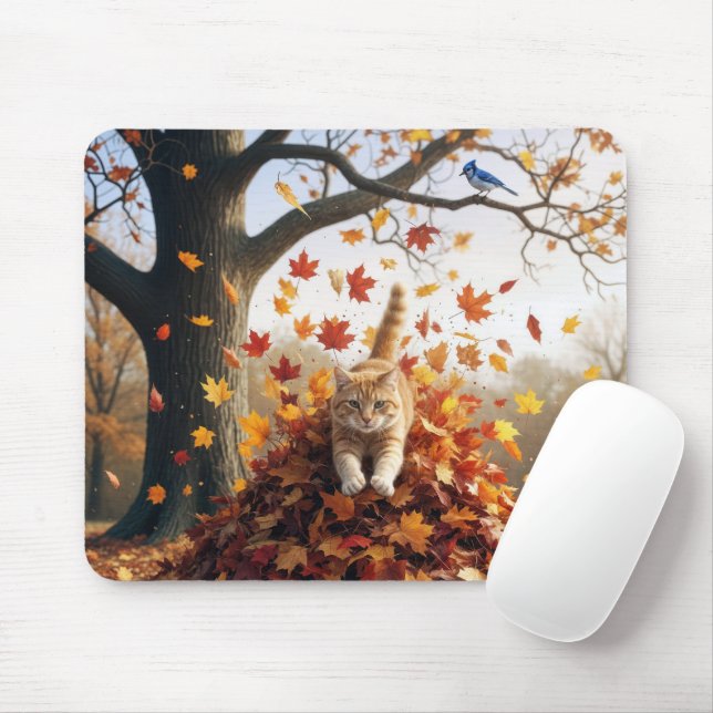 Ginger Cat Leaping Out of Herbst Leaf Pile Mousepad (Mit Mouse)