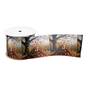 Ginger Cat Leaping Out of Herbst Leaf Pile Satinband