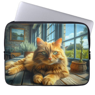 Ginger Cat Lounges on a Table By a Window Laptopschutzhülle