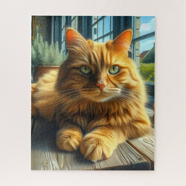 Ginger Cat Lounges on a Table By a Window Puzzle (Vertikal)