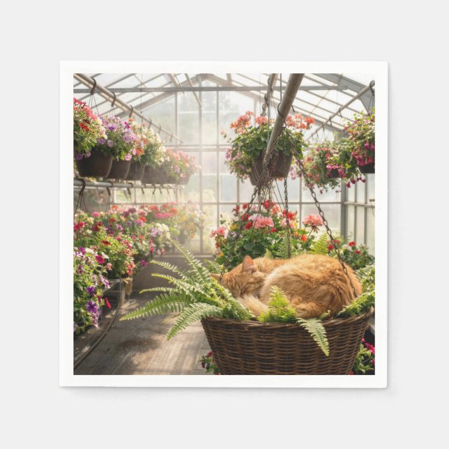 Ginger Cat Napping in Hanging Fern Basket Serviette (Vorderseite)