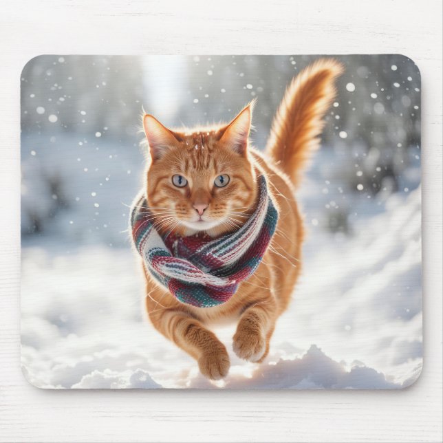 Ginger Cat On Snow Mousepad (Vorne)