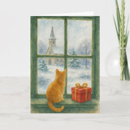 Ginger Cat overlooking a winter's scene Feiertagskarte
