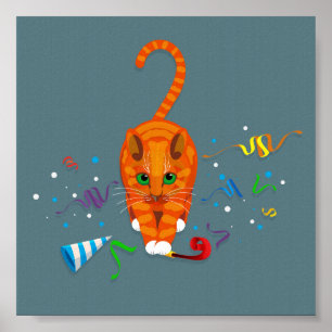Ginger Cat spielt mit Party-Gegenständen im Neujah Poster
