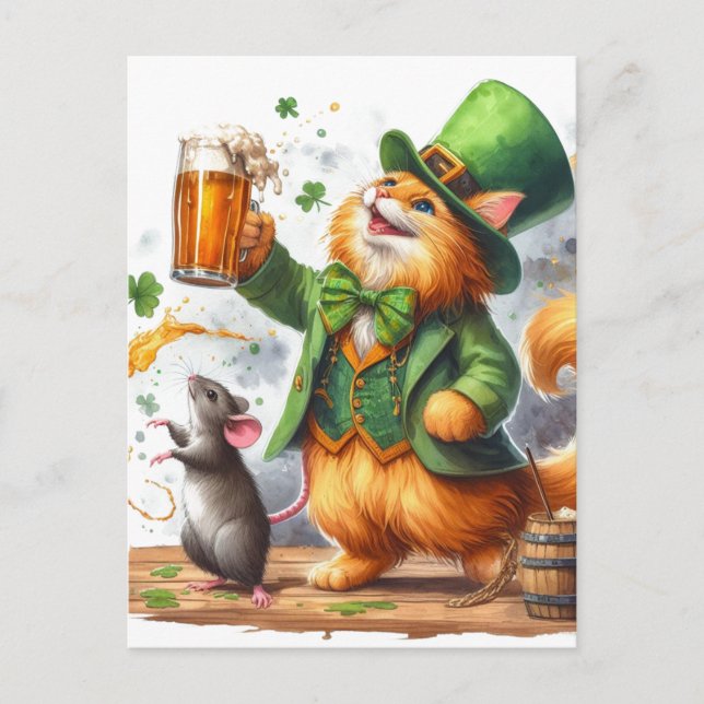 Ginger Cat und eine Maus mit Bier Postkarte (Vorderseite)