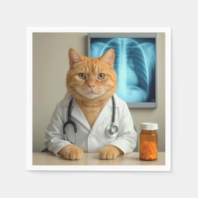 Ginger Cat Wearing a Doctor Lab Coat Serviette (Vorderseite)