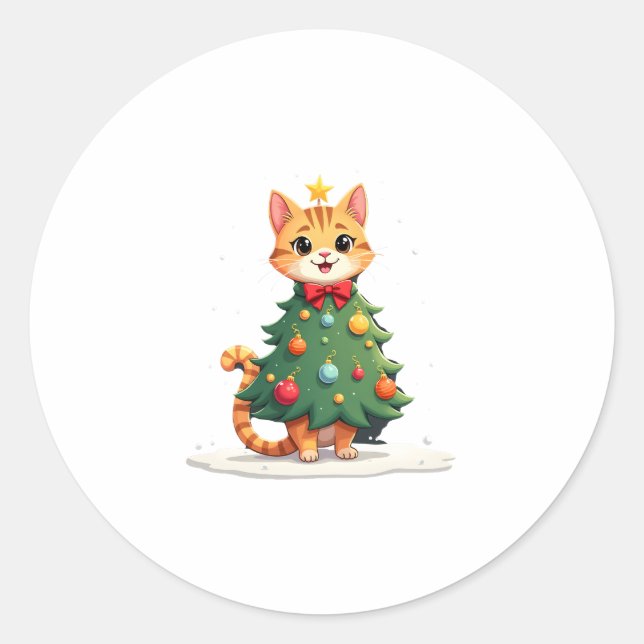 Ginger Cat Weihnachtsbaum Niedlichen Weihnachtsmäd Runder Aufkleber (Vorderseite)