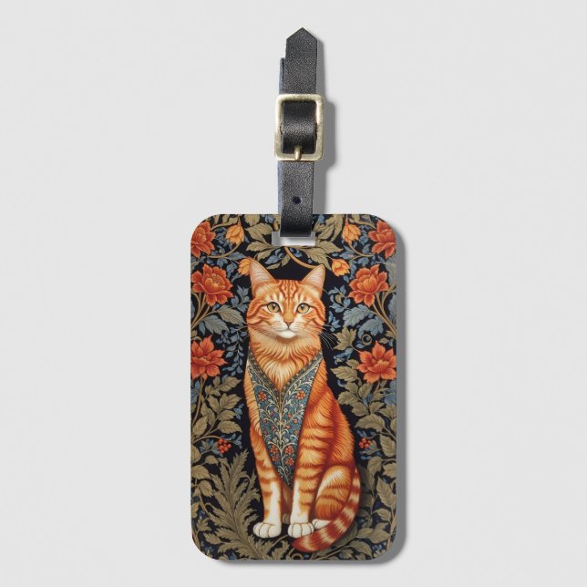 Ginger Cat William Morris Inspirierte floral Gepäckanhänger (Vorderseite Vertikal)