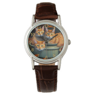 Ginger Cats Pot Pflanze, Ladys Leather Watch Armbanduhr