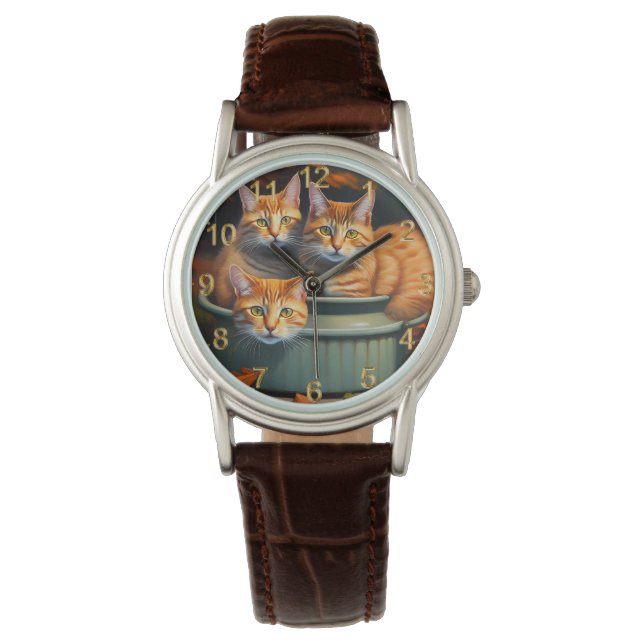 Ginger Cats Pot Pflanze, Ladys Leather Watch Armbanduhr (Vorderseite)