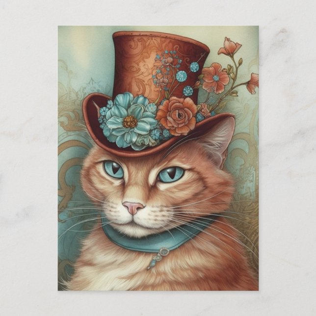 Ginger Chat in einem Tophat Postkarte (Vorderseite)