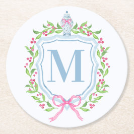 Ginger Jar & Christmas Berries Monogram Runder Pappuntersetzer