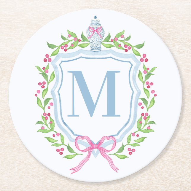 Ginger Jar & Christmas Berries Monogram Runder Pappuntersetzer (Vorderseite)