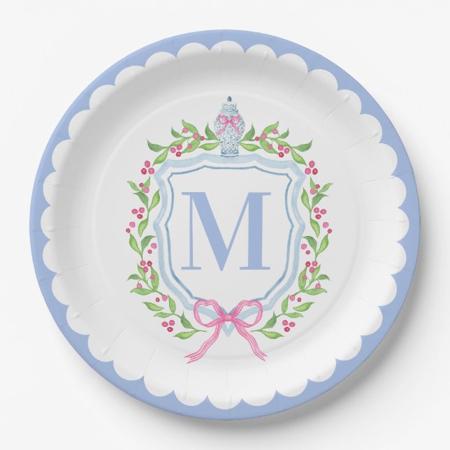 Ginger Jar & Christmas Berries Monogram Scalloped Pappteller (Vorderseite)