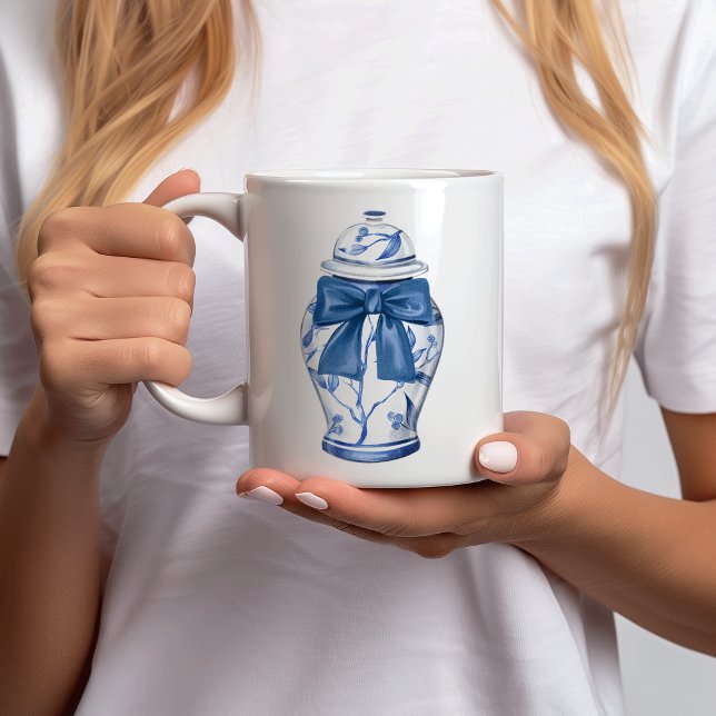 Ginger Jars Bows Chinoiserie Keramik Kaffee Tasse (Chinoiserie blue white ginger jar bow personalized mug)