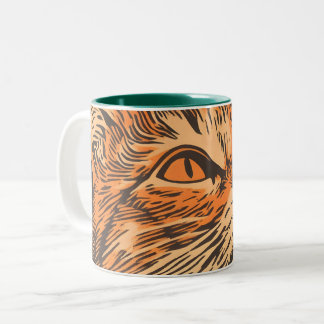 Ginger-Katze Vintage-Linoldruck Zweifarbige Tasse