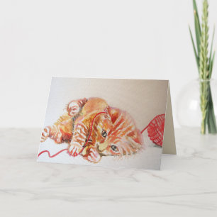 Ginger Kitten Cat Playing with Wolle Birthday Card Karte