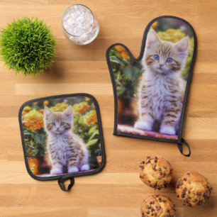 Ginger Kitten im Blumengarten Ofenhandschuh & Topflappen-Set