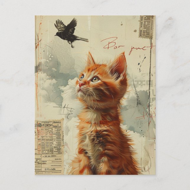 Ginger Kitten mit Black Bird Mixed Media Postkarte (Vorderseite)