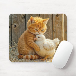 Ginger Kitten umarmt ein Baby Chick Mousepad