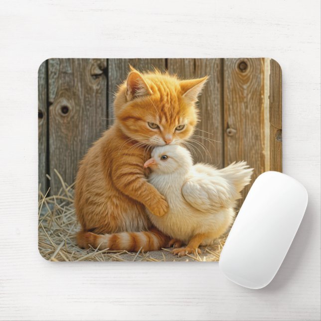 Ginger Kitten umarmt ein Baby Chick Mousepad (Mit Mouse)