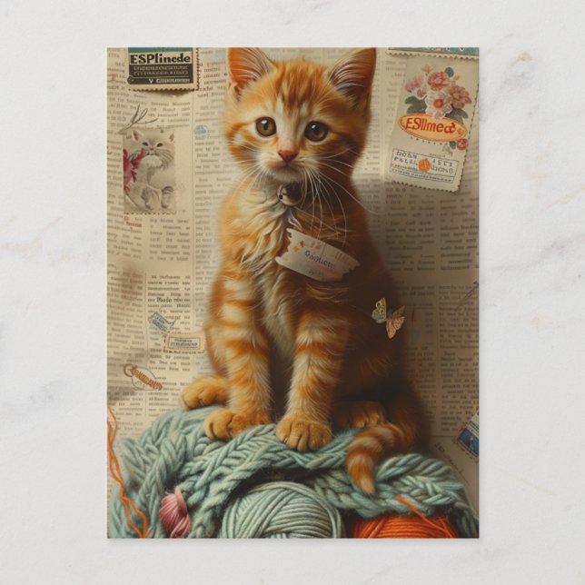 Ginger Kitten Yarn Collage Mixed Media Postkarte (Vorderseite)