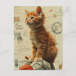Ginger Kitten Yarn Collage Mixed Media Postkarte