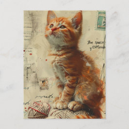 Ginger Kitten Yarn Collage Mixed Media Postkarte