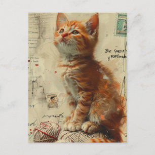 Ginger Kitten Yarn Collage Mixed Media Postkarte