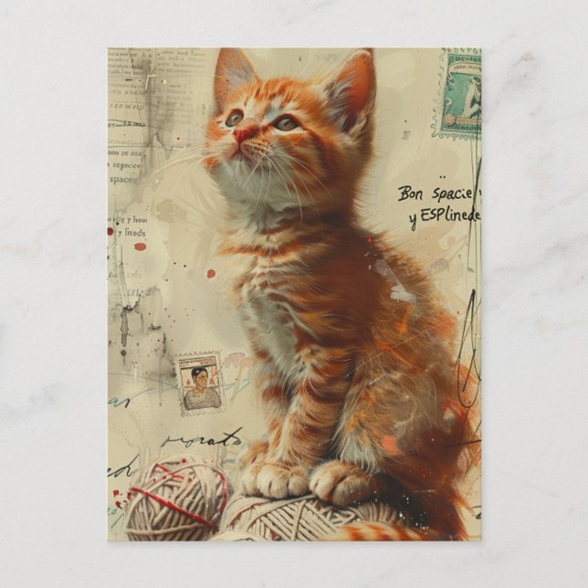 Ginger Kitten Yarn Collage Mixed Media Postkarte (Vorderseite)