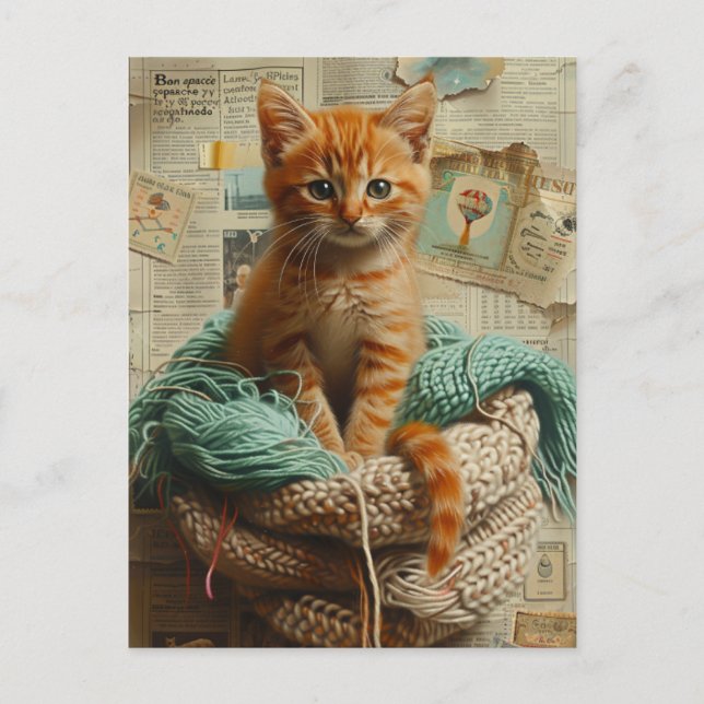 Ginger Kitten Yarn Collage Mixed Media Postkarte (Vorderseite)
