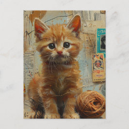 Ginger Kitten Yarn Collage Mixed Media Postkarte