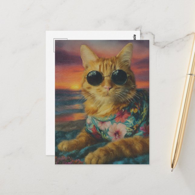 Ginger Kitty in Sonnenbrille am Strand Postkarte (Vorderseite/Rückseite Beispiel)