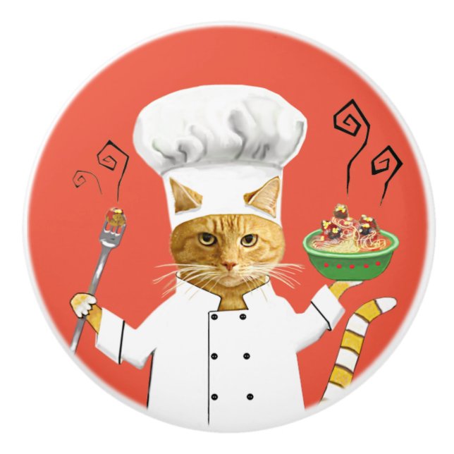 Ginger Kitty Koch auf Red Keramik Knob Keramikknauf (Vorderseite)