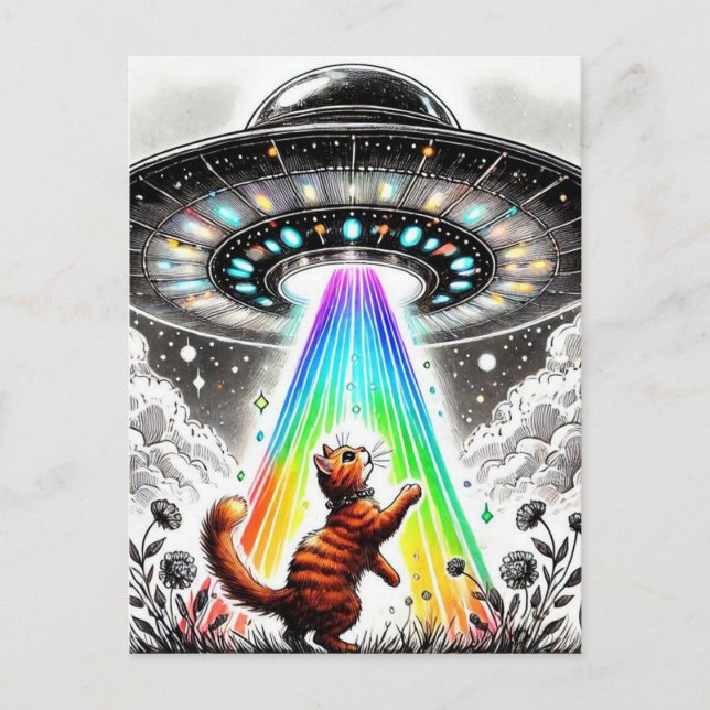 Ginger Kitty und UFO Postkarte (Vorderseite)