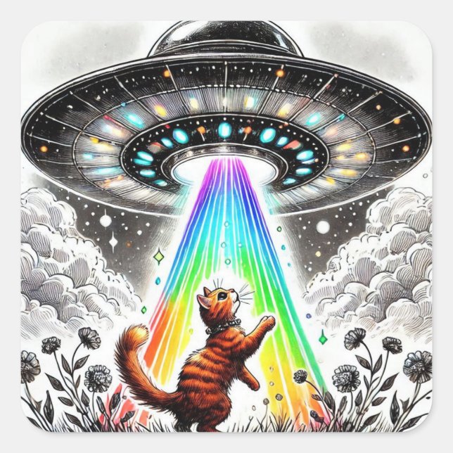 Ginger Kitty und UFO Quadratischer Aufkleber (Vorderseite)