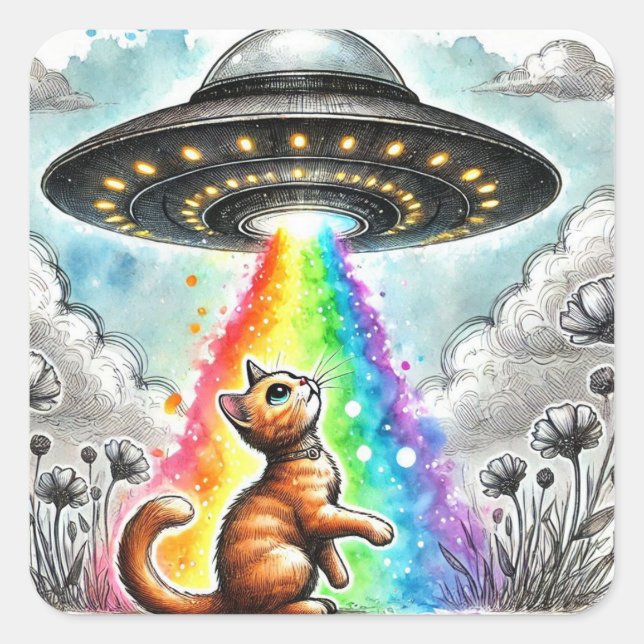 Ginger Kitty und UFO Quadratischer Aufkleber (Vorderseite)