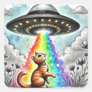 Ginger Kitty und UFO Quadratischer Aufkleber