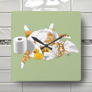 Ginger Orange Cat Funny Toilet Paper Quadratische Wanduhr