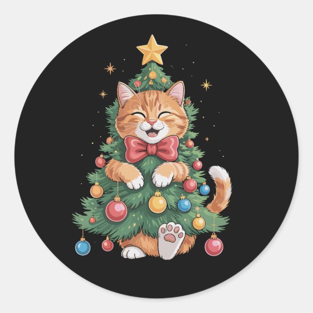 Ginger Orange Cat Weihnachtsbaum Niedlichen Weihna Runder Aufkleber (Vorderseite)