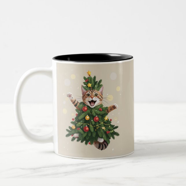 Ginger Orange Cat Weihnachtsbaum Niedlichen Weihna Zweifarbige Tasse (Links)