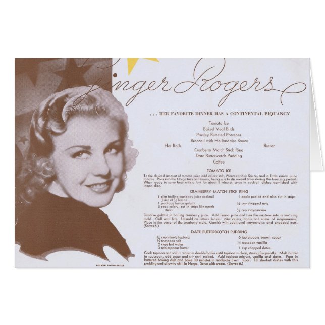 Ginger Rogers Vintag Dinner Party Menu (Vorderseite (Horizontal))