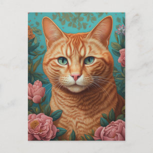 Ginger Tabby Cat and Peonies Postkarte
