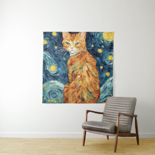 Ginger Tabby Cat in der Sternennacht Wandteppich